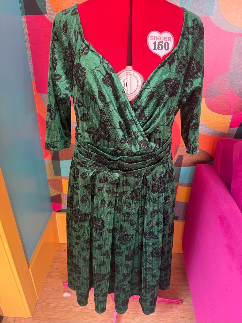 Unique Vintage Green and Black Floral Wrap Midi Dress